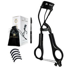 Beauty Power Eyelash Curler with 5 Replacement Pads, Brush for Eyebrows, Sating Travel Bag - Perfect Curls/Lash Lift in Seconds - Gentle & Safe - Extra Curl - German Stainless Steel (Black)