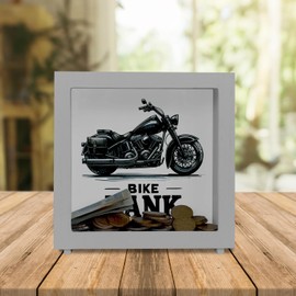 Cruiser Motorcycle Frame Money Box Made of Wood with Saying Bike Bank Black Motorbike Design Dark Look Funny Text Practical Sign