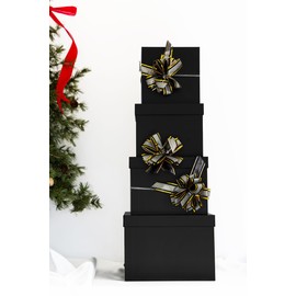 Set of 4 Nested Square Paperboard Boxes (6.25", 7.25", 8.25", 9.25") with Matching Lids, Tissue Paper Sheets and Pull Bows (Black)