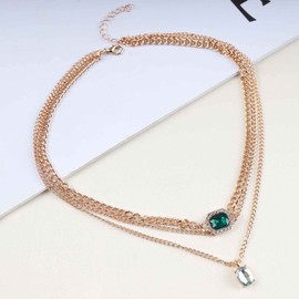 Yheakne Vintage Layered Moonstone Emerald Necklace Green Emerald Choker Necklace Gold Moonstone Pendant Necklace Emerald Square Necklace Chain Curb Chain Necklace Jewelry for Women and Girls