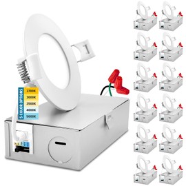 SUNPERIAN 12-Pack 3 Inch Ultra-Thin LED Recessed Lighting with Junction Box, 5 Color Options 2700K/3000K/3500K/4000K/5000K, 8W, 540 Lumens, Dimmable Wafer Lights, Wet Rated, IC Rated, ETL Listed