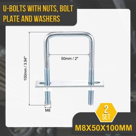 DTGN M8x50x100mm U Bolts Square Kit - 2Set - Carbon Steel U-Bolt Kit with Nuts, Washers, Frame Plate - Good for Pipe, Trailer, Automotive, Leaf Spring Fastener