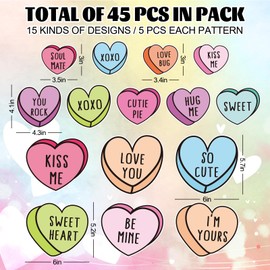 Whaline 45Pcs Valentine's Day Conversation Heart Cutouts Love Candy Heart Accent Cutouts Colorful Assorted Sizes Heart Craft Cutouts with Glue Points for Classroom Bulletin Board Decoration