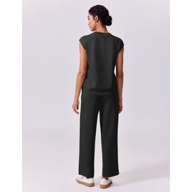PINSPARK Two Piece Sets for Women Summer High Neck Cap Sleeves Sweatsuits Wide Leg Pants Elastic Drawstring Lightweight Lounge Sets, Black XL