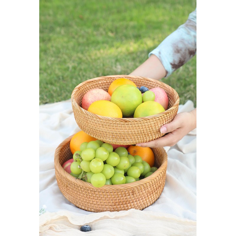 HITOMEN Handmade Rattan Bread Baskets Round Wicker Fruit Serving Storage