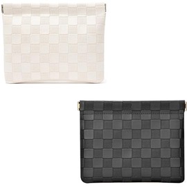Bolsa Cosmética de Cuero para Bolso - Monedero, Organizador de Maquillaje sin Cierre, Impermeable, Pouch Portátil para Labiales y Accesorios - Ideal para Viaje (Negro+Blanco)