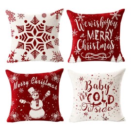 45x45cm Christmas Cushion Covers Set of 4 - Red Merry Christmas Snowman Decorative 18x18 Inch Pillow Case, Cotton Linen Covers Pillowcase for Sofa Car Home Decor Xmas Decoration (Red1-4pcs, 45cm*45cm)