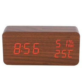 Wooden Digital Alarm Clock, Rectangular LED Red Light Wooden Clocks, Adjustable Brightness and Voice Control, Display Time Temperature Date for Bedroom, Office, Home (Brown)