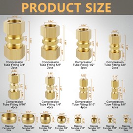 42pcs Brass Compression Tube Fitting, Union Assortment Kits 8 Sizes (1/8", 3/16", 1/4", 5/16", 3/8", 1/2", 5/8", 3/4" OD) - Industrial Ferrule & Union for Airline/Truck/Hydraulic
