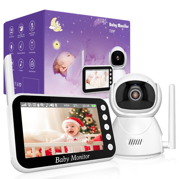 OBVHNUA Babyphone Camera 4,3" 720P Baby Phone Vidéo Moniteur Bébé 10X Zoom Enregistrement sur Carte SD Pan-Tilt VOX Vision Nocturne Audio Bidirectionnelle Capteur de Température 8 Berceuses 5 Réveil