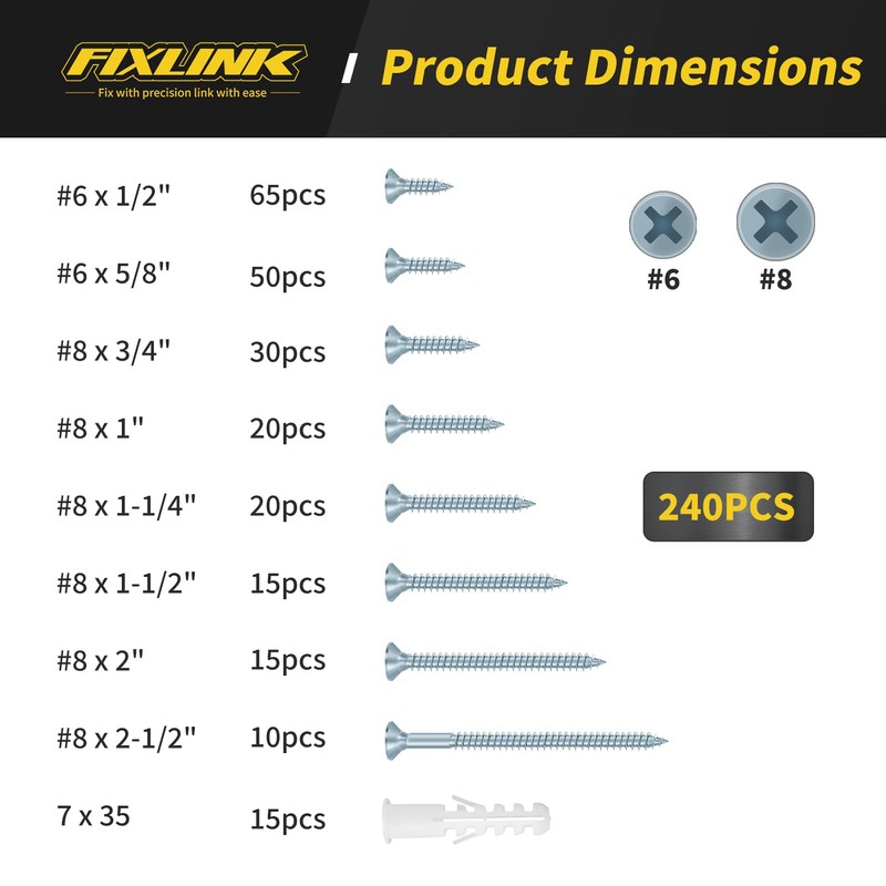 Wood Screws Assortment Kit, FIXLINK 240 PCS High Hardness Flat