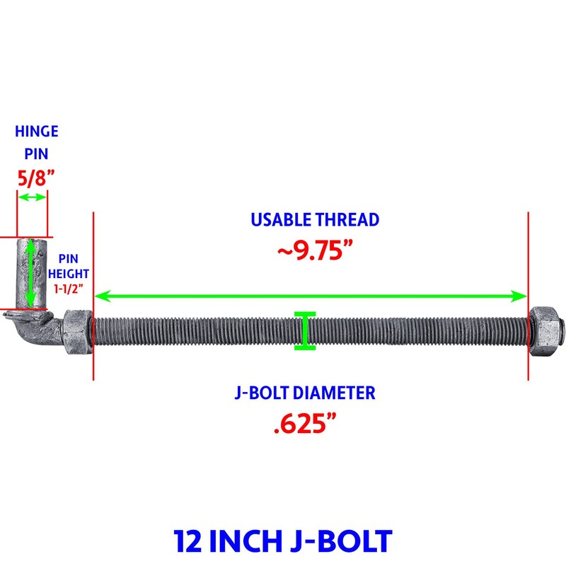 J-Bolt Hinge - 12" Post Hinge with 5/8" Male Pin