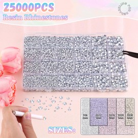 25000Pcs Resin Jelly Rhinestones with Tweezers for Crafting, 2-6mm Mixed Sizes (Clear) Non Hotfix Flatback Gems, Bedazzling Crystal for DIY Crafts Clothing Tumblers Mugs Shoes Decor Nail Art