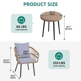 YITAHOME 3 Pieces Outdoor Bistro Set, All-Weather Wicker Patio Furniture Set, Rattan Conversation Set with Table and Chair for Balcony, Backyard, Pool, Porch, Deck - Grey