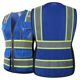 HATAUNKI Reflective Safety Vest for Women Mesh High Visibility Vest with 8 Pockets and Front Zipper High Vis Vest Work Vests Meets ANSI/ISEA Standards(Blue-16, X-Large)