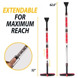 Zone Tech Extendable Snow Brush and Ice Scraper for Car, 62" 2-1 and Adjustable Lenght, Rotating Brush Head,Red Foam Grip,Perfect Accessories for Winter Snow and Ice Removal for Car,SUVs