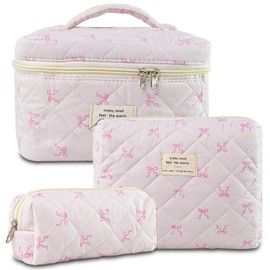 AMZMA Quilted Makeup Bag, Cute Floral Cotton Cosmetic Bag set, Coquette Bow Makeup Pouch Large Travel Toiletry Bag