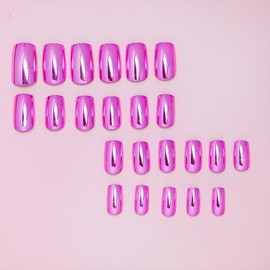 Purple Chrome Press On Nails Short Square, Purple Fake Nails Mirror Chrome Glossy Acrylic Full Cover False Nails, Nail File And Adhesive Tabs Included, Stick Glue On Nails for Women Girls