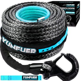 YUNFUER 3/8" x 92ft Synthetic Winch Rope Cable Kit, 26000LBS Winch Rope with Protective Sleeve + Forged Winch Hook and Safety Pull Strap for SUV (Gray)