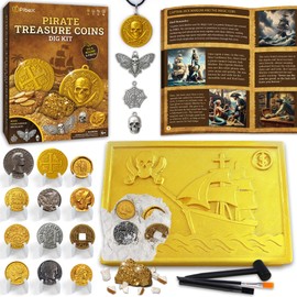PIBEX Pirate Treasures Dig Kit – Excavate 16 Ancient Metal Coins (Gold/Silver/Bronze), Fool’s Gold & Charms – STEM Toy & Necklace Making Kit for Kids Ages 6-12, Great for Pirate Party Favors