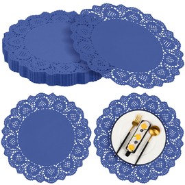 MCEAST 100 Pack Round Blue Paper Doilies 13.5 Inches Lace Paper Place Mats Rustic Scallop Doily Disposable Paper Table Pads for Food Cakes Crafts Party Weddings Tableware Decor