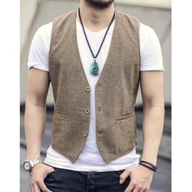 Men's Linen Vest Cotton Summer Suit Waistcoat Casual for Wedding(Black,M)