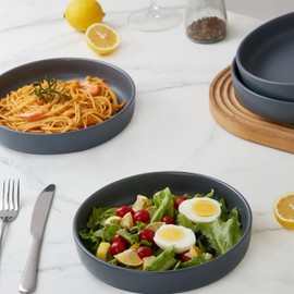 famiware 8.5" Pasta Bowls Set of 4, Dawn Speckled Bowl for Kitchen, Stoneware Dinner Bowl Set for Christmas, Thanksgiving, Microwave Dishwasher Safe, Charcoal……