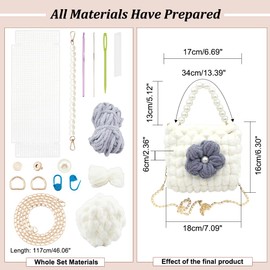 WADORN DIY Crochet Handbag Making Kit, Hand-Knit Woven Tote Bag Making Kit Mesh Plastic Canvas Sheets Needlepoint Kit Handmade Shoulder Bag Making All Tool Yarns Bag Crafting Material, White