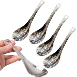 OULIGET Thickened Stainless Steel Soup Spoons, Asian Chinese Japanese Flat Soup Spoons Large for Ramen Pho Wonton Dumpling Miso, Deep Oval Hook Design, Set of 4,6.5 Inches