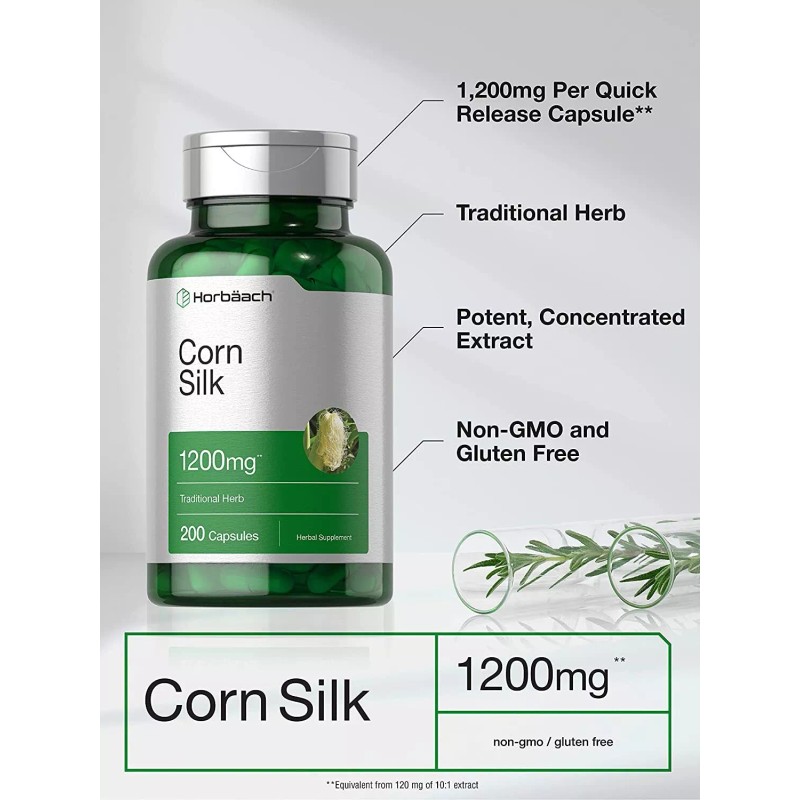 Horbäach Corn Silk Capsules 1200mg | 200 Pills | Non-GMO,