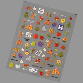 Autumn Nail Art Stickers Green Leaves Nail Stickers for Nail Art Thanksgiving Nail Art Rabbit Fruit Design Decoration Fall Flowers Self-Adhesive DIY Nail Decals for Women Nail Supplies 1PCS