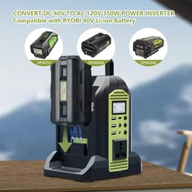 350W Power Inverter 2 Port Pure Sine Wave Inverter for Ryobi 40V Li-ion Battery, DC 40V to AC 120V with AC Outlet, USB Port, Type-C Port, 300LM LED Light for Camping Emergency