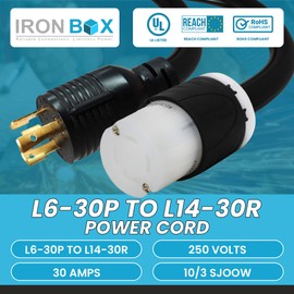 IronBox Electric L6-30P to L14-30R Power Cord - 30A, 250V, 10/3 SJOOW - UL Listed Extension Cord - Heavy Duty Adapter Cables for Generator, Transfer Switch, RV, Data Center & More (3ft, Custom Build)