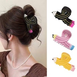 YUEELI Hair Clips for Women and Girls, 3 Pieces Pencil Hair Claw Clips Back To School Hair Clips Large Hair Clips Funny Hair Jaw Barrettes for Women Thin Thick Curly Hair (Black Pink Yellow)