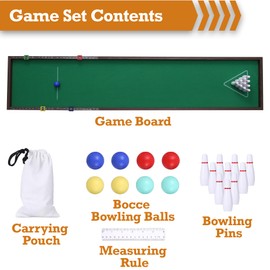 Sterling Games Tabletop Bowling and Bocce 2 in 1 Combo Game Set, Wooden Arcade Game Board with Bocce Ball Marbles and Bowling Pins, Indoor Table Top Game for Kids and Family