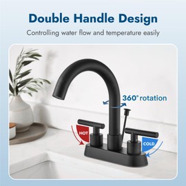 Cinwiny 4 Inch Centerset Bathroom Sink Faucet 3 Holes 2 Handle Bathroom Faucets with Lift Rod Drain Stopper Vanity Faucet 360° Swivel Spout Lavatory RV Faucet Mixer Tap,Matte Black