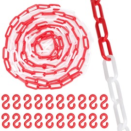 Swpeet 21Pcs 5M x 6mm Plastic Barrier Chain Red White Plastic Safety Chain Plastic Chain Links with S- Hooks Plastic Chain Barrier Safety Barrier Chain for Fence, Parking, Crowd Control, Queue Line