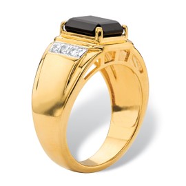 PalmBeach Men's 18K Gold-Plated Round Genuine Diamond and Emerald Cut Blue Sapphire, Red Garnet or Black Onyx Ring Size 10
