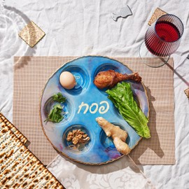 Rite Lite Blue Marble Design Glass Seder Plate for Passover – Elegant Round Design with Gold Accents, Hebrew & English Food Labels, Handcrafted 12" Glass Seder Plate, Perfect Pesach Gift