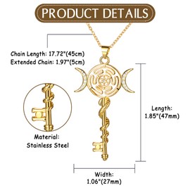 Cupimatch Key Necklace Amulet Jewellery: Golden Triple Moon Goddess Pendant Vintage Stainless Steel Hekate Wheel Chain with Snakes and Pentagram Mystical Witch Gift for Men Women
