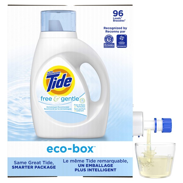 Tide Free And Gentle Eco-Box Laundry Detergent Liquid Soap, Ultra Concentrated He, 96 Loads - Unscented And Hypoallergenic For Sensitive Skin, Free And Clear Of Dyes And Perfumes