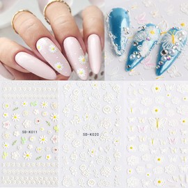 5D Stereoscopic Embossed Flowers Nail Art Stickers, White Flower Nail Decals Self-Adhesive Nail Art Decals White Lace Flower Butterfly Nail Design for DIY Acrylic Nail Decoration(3 Sheets)