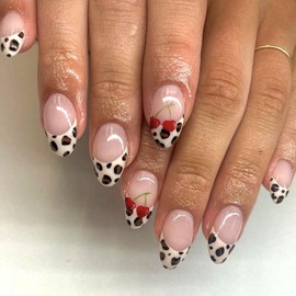 Almond Press on Nails Short White French Tip Fake Nails Glossy Glue on Nails with Cherry Leopard Design Nails Press ons Nude Full Cover False Nails Cute Stick on Nails for Women Girls 24Pcs