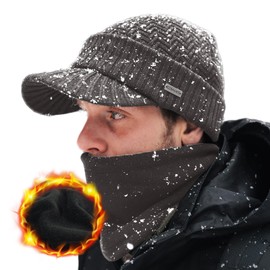 Comhats Winter Peaked Beanie Hat Men Wool Knitted Wooly Hats with Peak Visor Warm Golf Hats & Thermal Snood Fleece Neck Warmer for Ski Walking Grey L