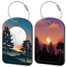 Abstract Mountain Forest Moon Leather Luggage Tag for Suitcase 2 Pack Luggage Tag with Privacy Name ID Label and Stainless Steel Loop for Travel Bag Suitcase