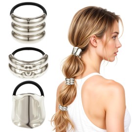 PEOVLVN 3 Pcs Metal Hair Ties, Silver Hair Cuffs Geometric Elastic Hairs Ties Ponytail Cuff for Women Hairs Accessories Ponytail Holder