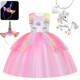 YOUYIKE Princess Costume, Children's Dress 3-Piece Set, Girls' Unicorn Princess Dress, Cosplay, Carnival, Fancy Dress, Party, Wedding, Princess Dress with Necklace and Headband, 120 cm (Pink)