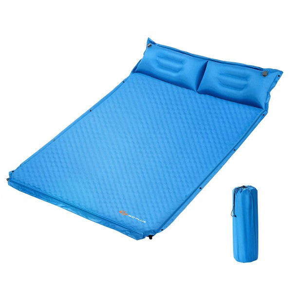 Goplus Camping Sleeping Pad Foam, Self-Inflating Camping Mat w/Pillow, 2 Person Double Sleeping Pad Queen Camping Mattress, Lightweight & Compact, for Backpacking, SUV, Car Camping, Traveling & Hiking