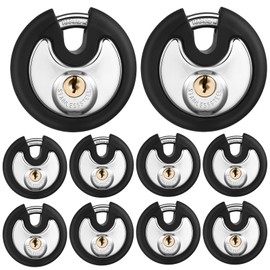 Chumia 10 Pack 70 mm Keyed Alike Padlocks Outdoor Round Stainless Steel Disc Pad Lock with Keys for Storage Unit, Sheds, Garages and Fence, Rubber Bumper Sheath (Black)