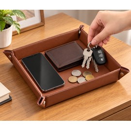 Folding PU Leather Valet Tray for Daily Essentials – Collapsible Desktop Organizer for Home & Travel